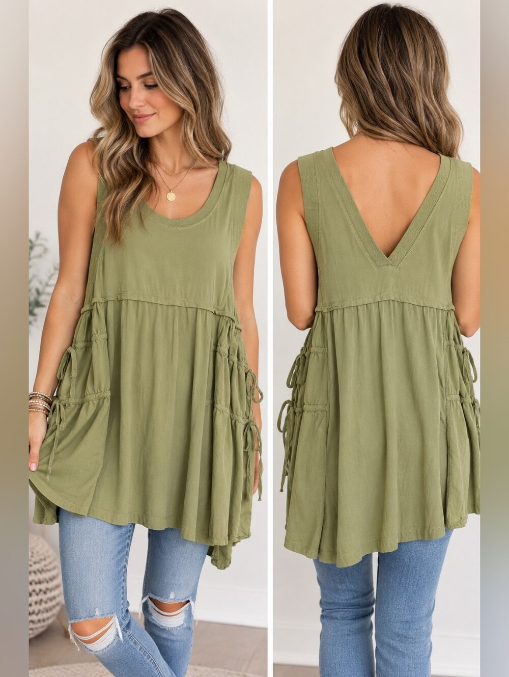 Anthropologie Olive Green Tie Detail Babydoll Tunic Top Size L Boho